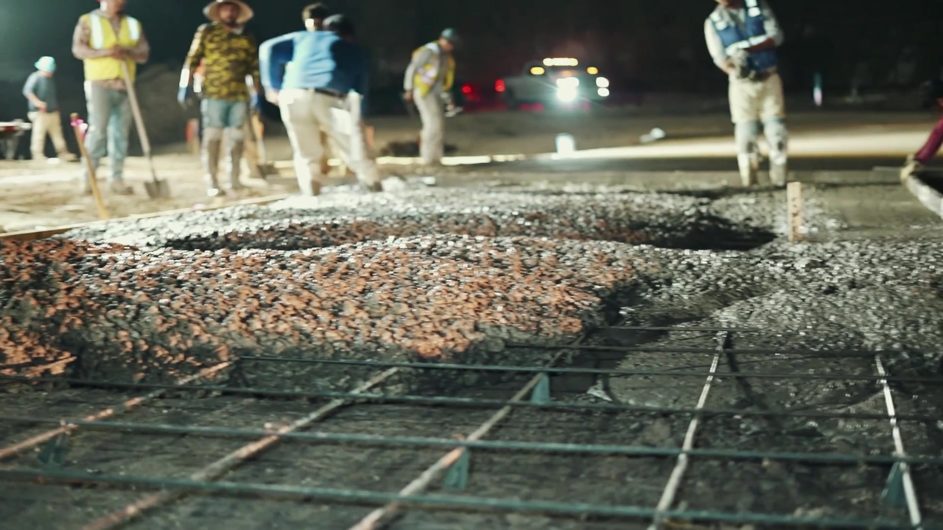 Concrete crew placing and leveling a slab at night